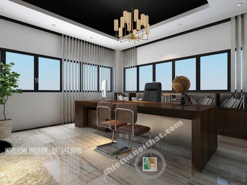Mẫu thiết kế văn phòng giám đốc hiện đại sử dụng đồ nội thất gỗ tự nhiêncao cấp với tông màu nâu trầm chủ đạo