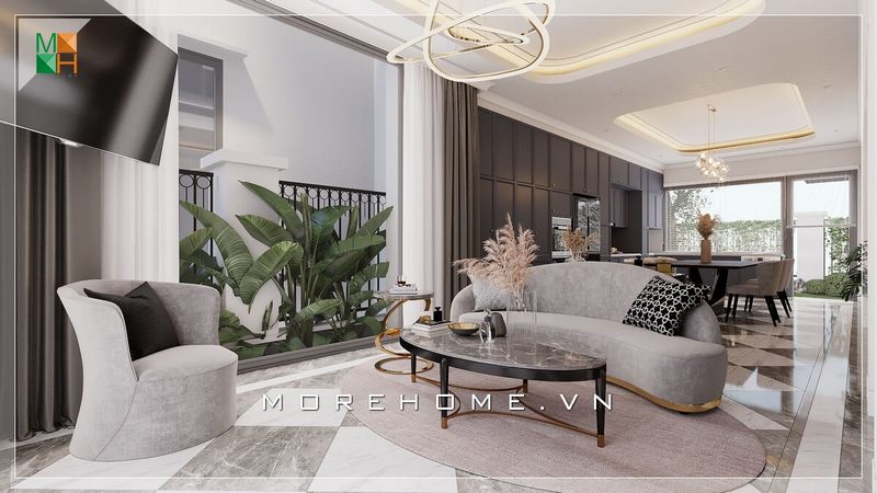 .
Sofa bọc nỉ với những đường cong kiểu cách, tông màu ghi xám sang trọng, kết hợp với bàn trà mặt đá chân sắt tĩnh điện và kệ trang trí kiểu cách, sẽ làm nổi bật thẩm mỹ cho phòng khách của bạn.